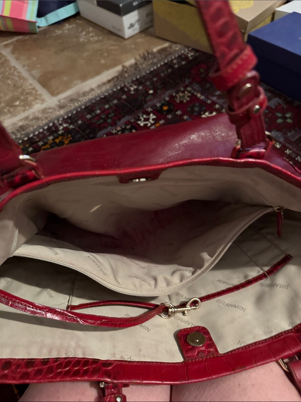 Structured Red Leather Tote with Croc-Embossed Trim - Picture 3 of 6